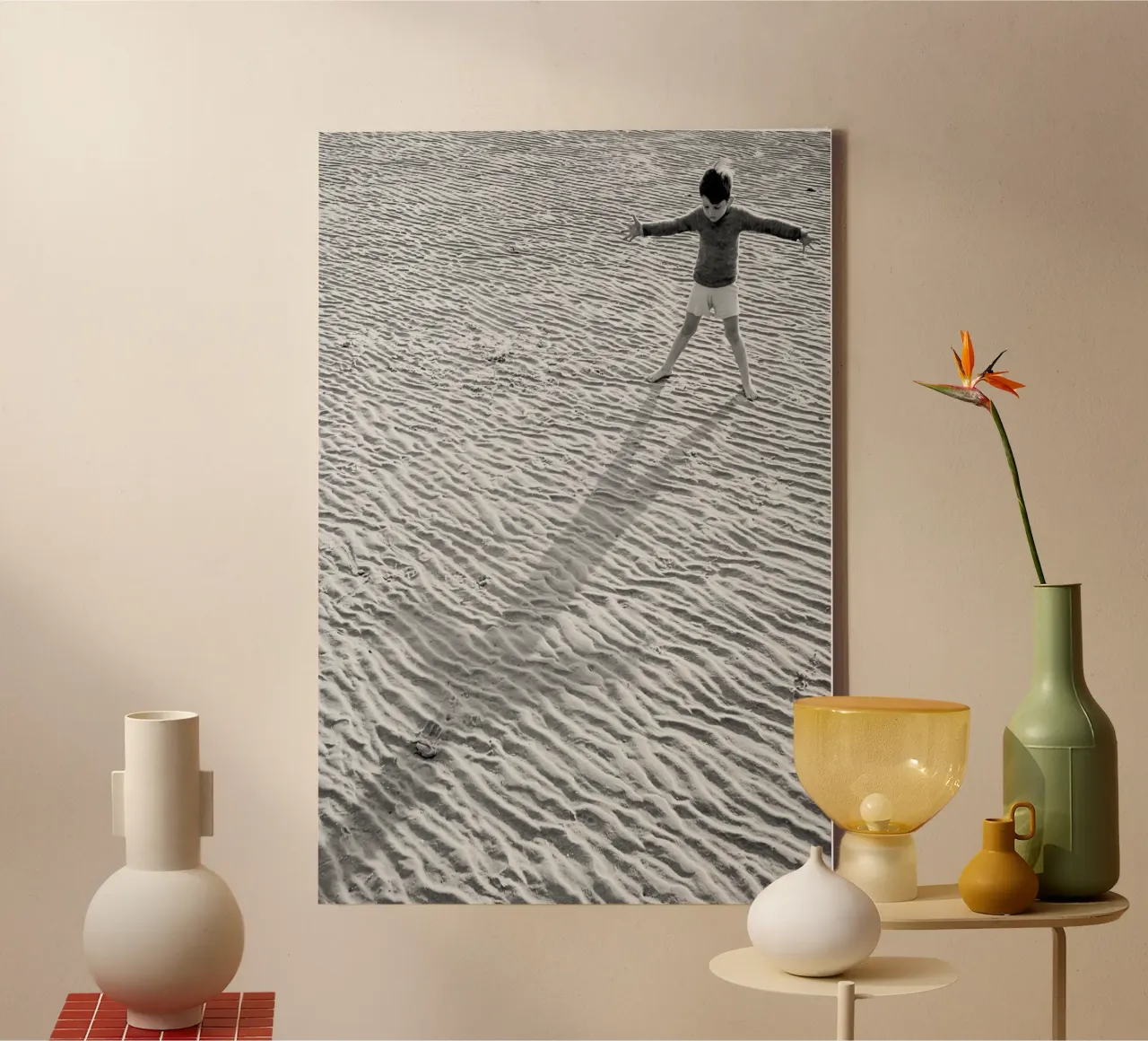 Little Boy and Shadow on Beach Black and White Old Photo canvas with Floater frame by Vibrant Vintage Prints