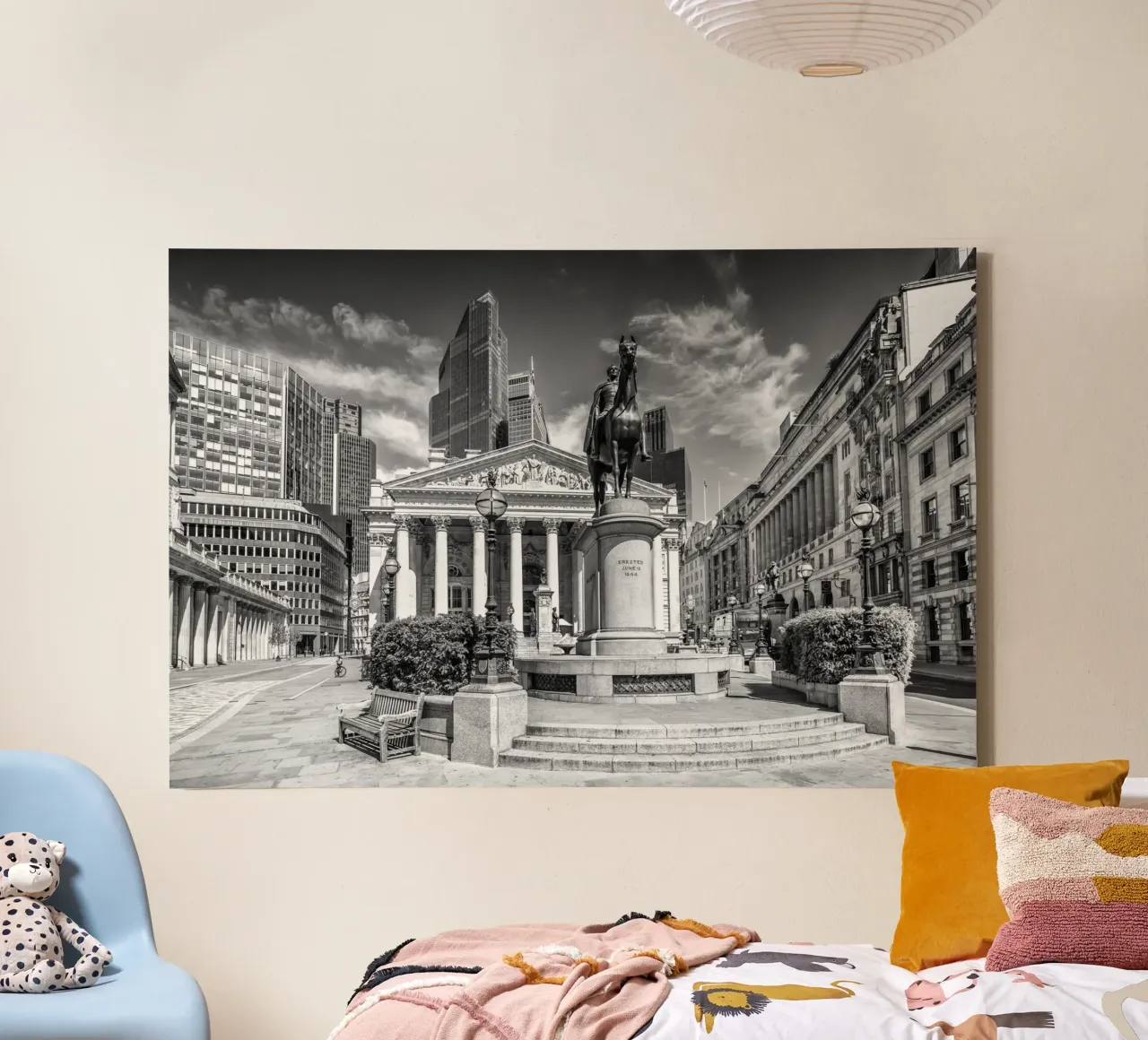 LONDON Tradition in the shadow of the skyscrapers - monochrome canvas with Floater frame by Melanie Viola