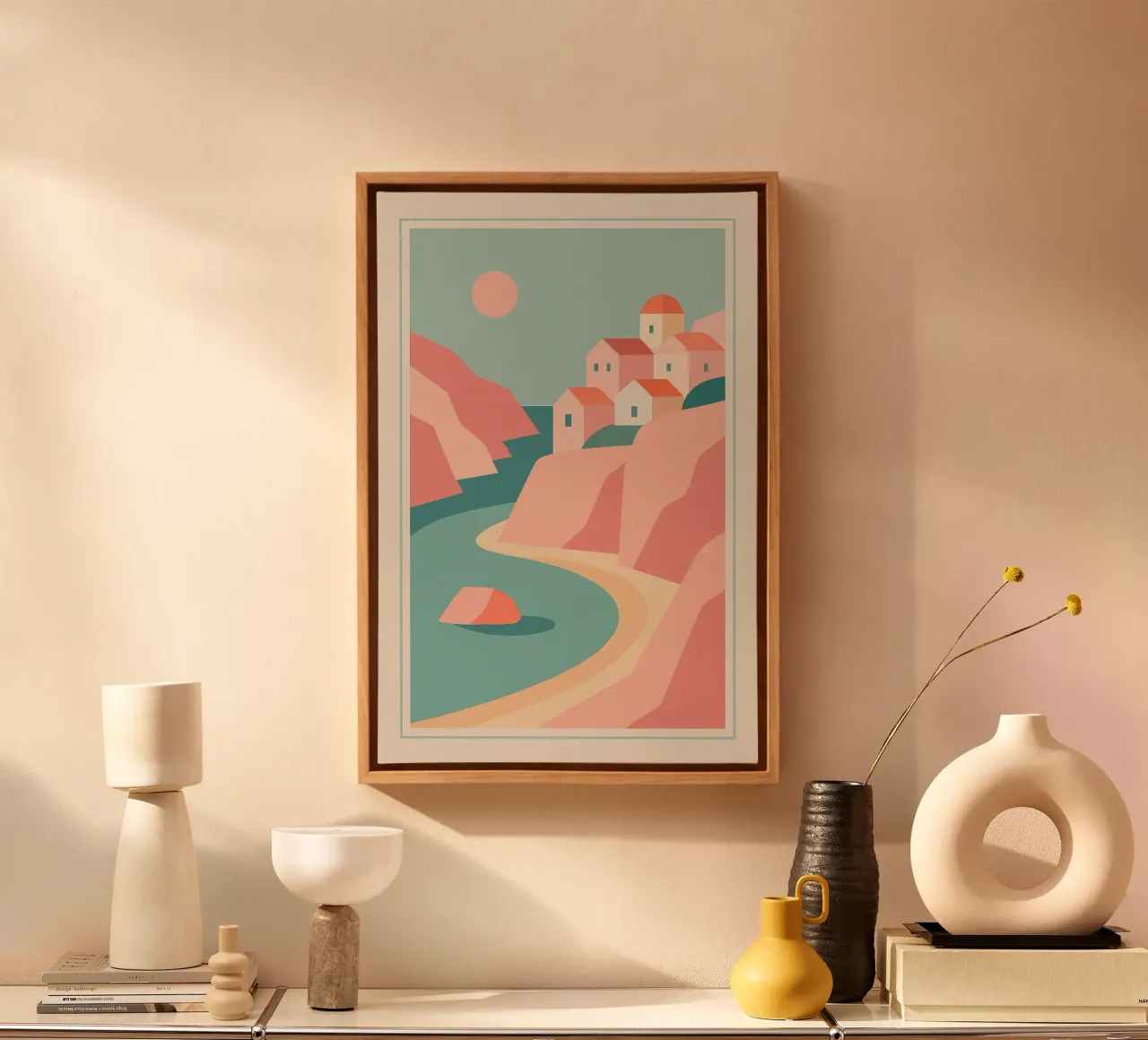 Kustdorp in de zon canvas met Baklijst van JETLAG | affiches voyage