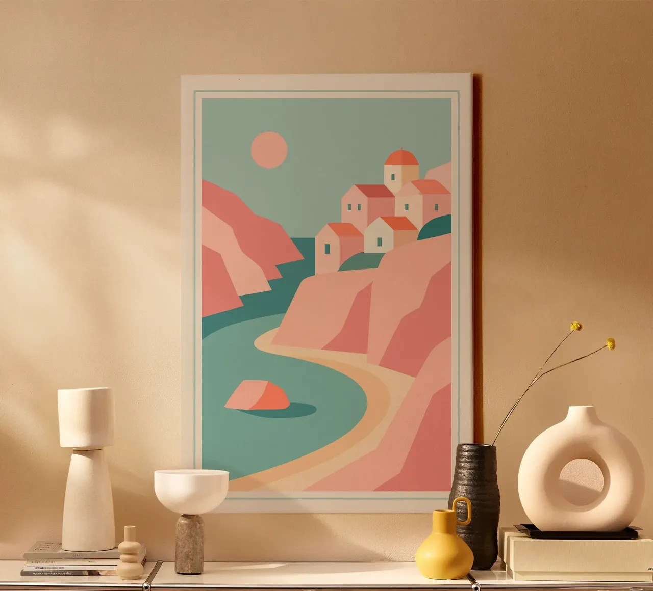 Kustdorp in de zon canvas met Baklijst van JETLAG | affiches voyage