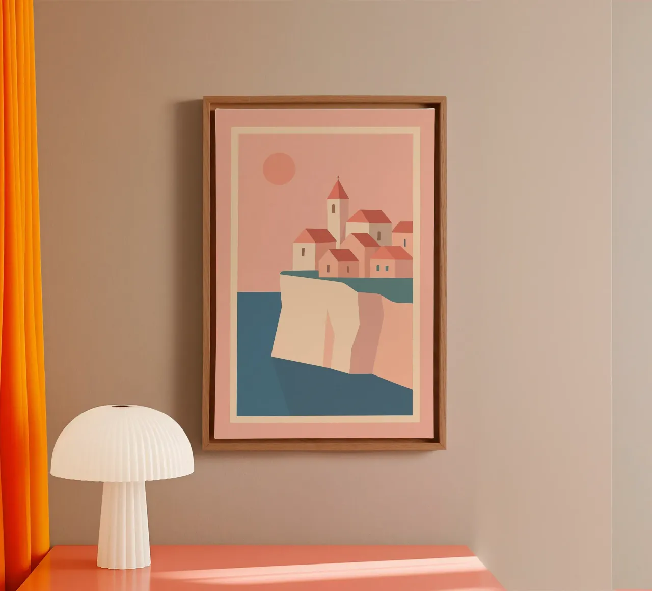 Witte klif en pastelkleurig dorp canvas met Baklijst van JETLAG | affiches voyage