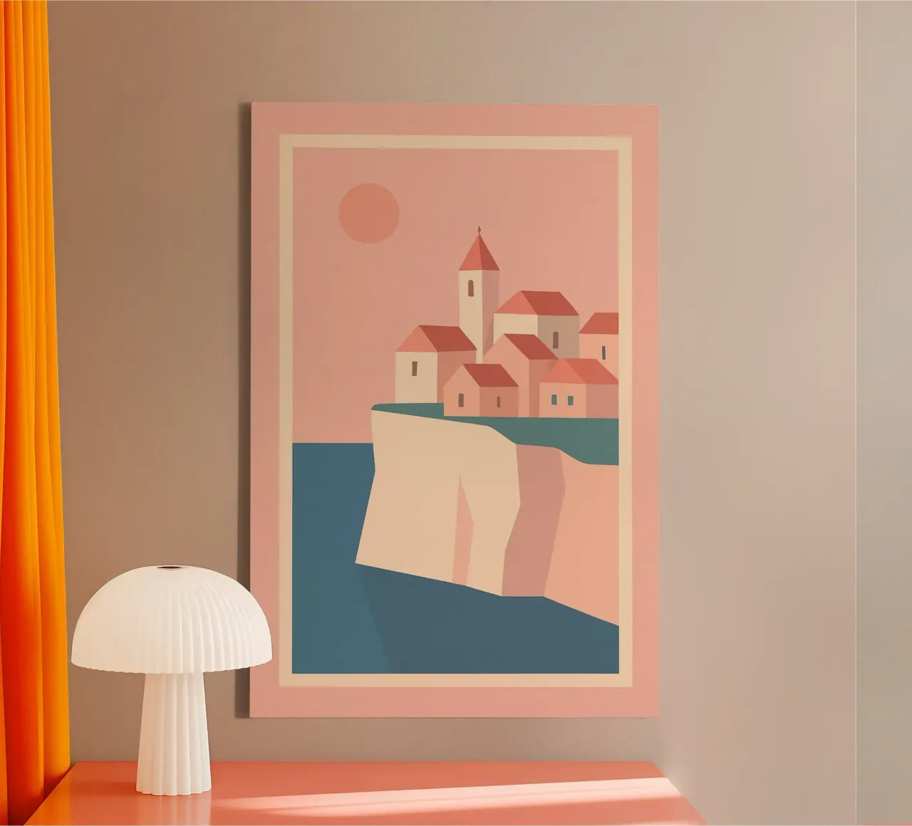 Witte klif en pastelkleurig dorp canvas met Baklijst van JETLAG | affiches voyage
