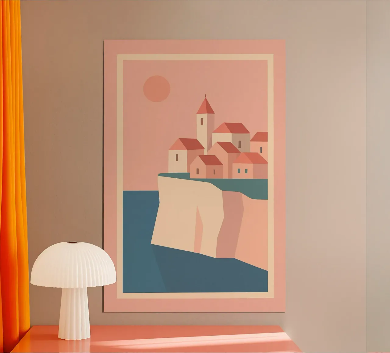 Scogliera bianca e villaggio pastello poster con telaio in plastica da JETLAG | affiches voyage