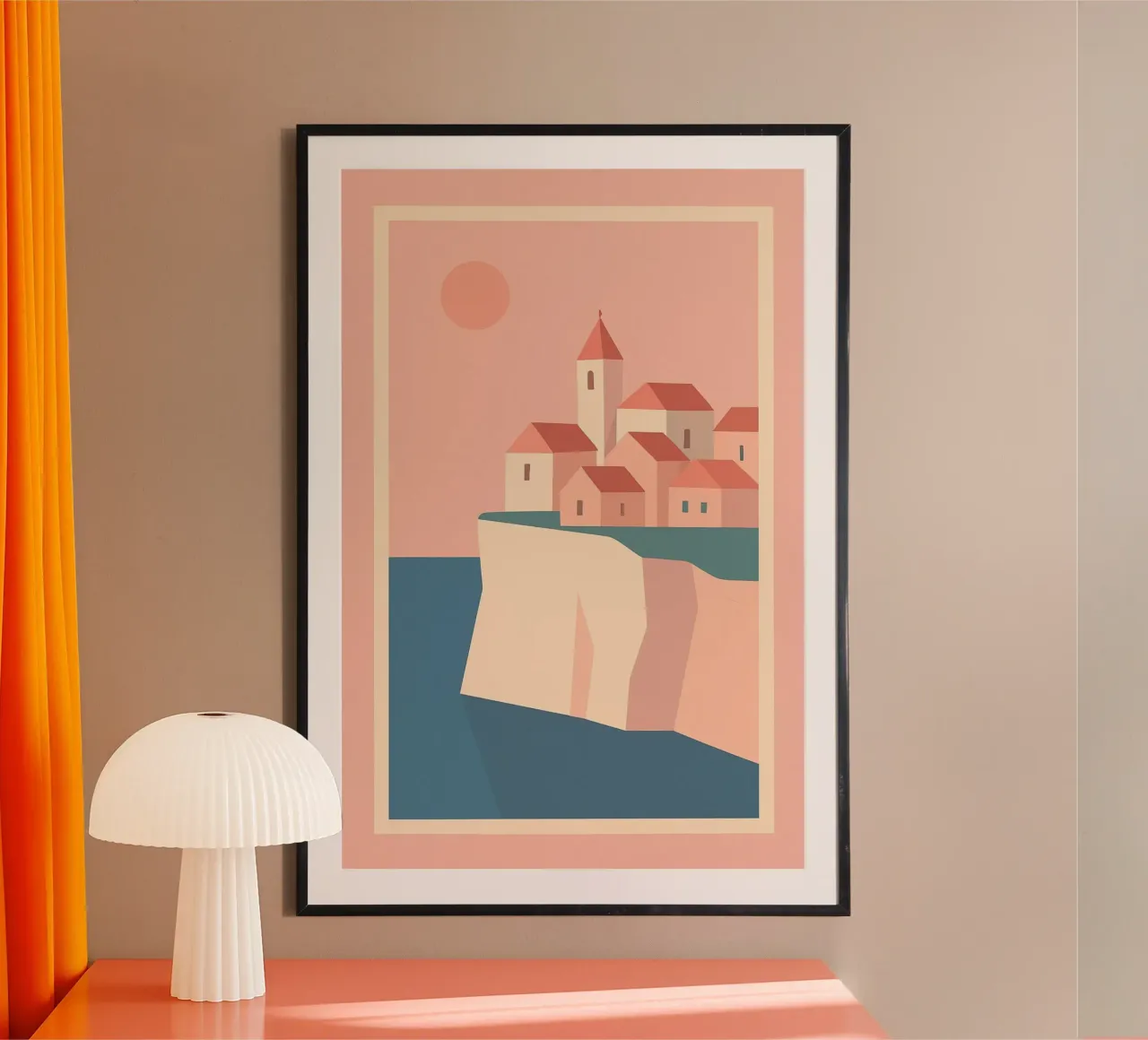 Scogliera bianca e villaggio pastello poster con telaio in plastica da JETLAG | affiches voyage