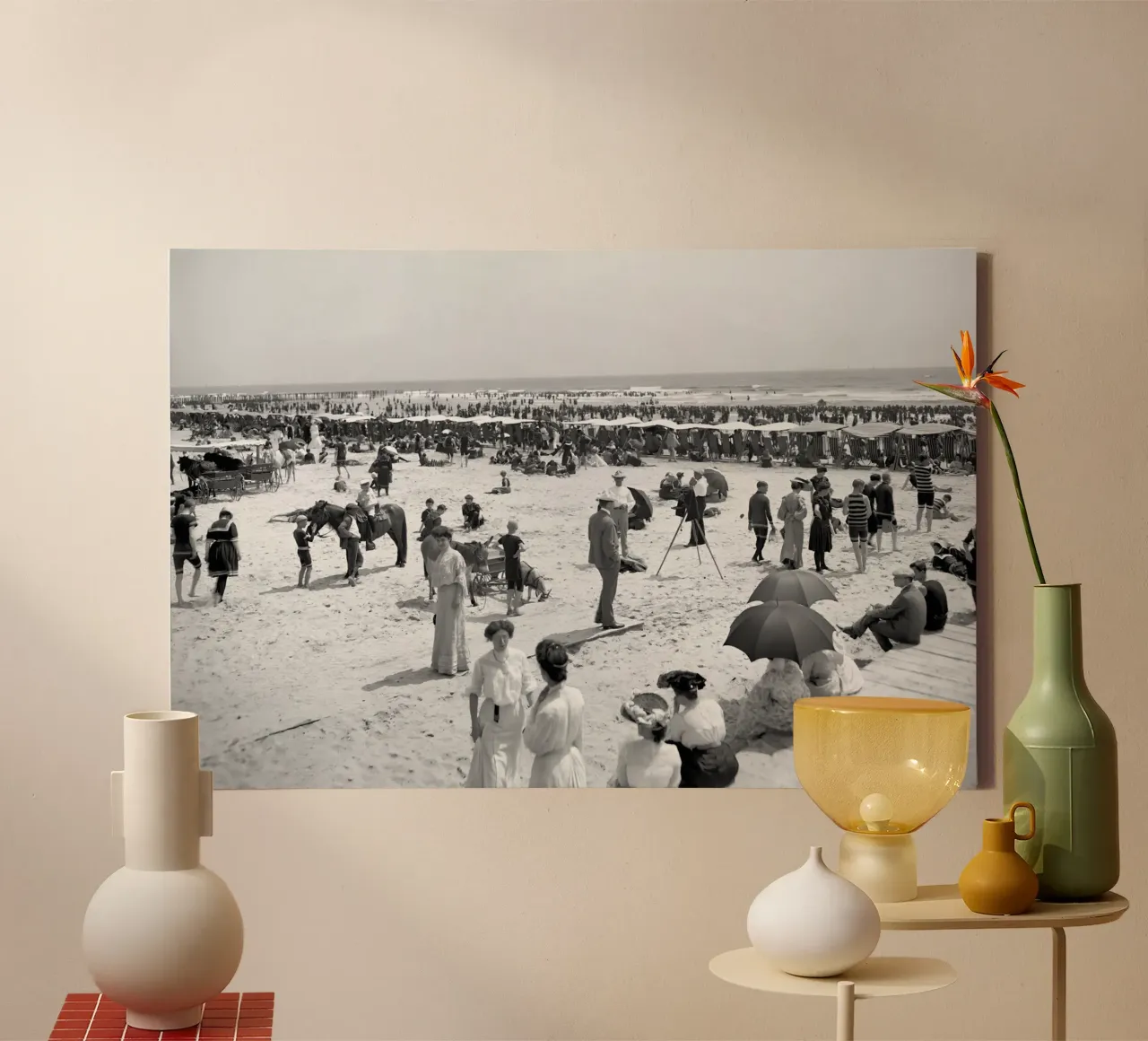 Plage victorienne, photo ancienne en noir et blanc toile avec Caisse américaine de Vibrant Vintage Prints