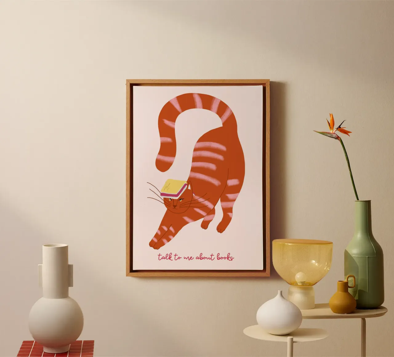 Cat with Book on Head - "Talk to Me About Books" canvas with Floater frame by vintagepod