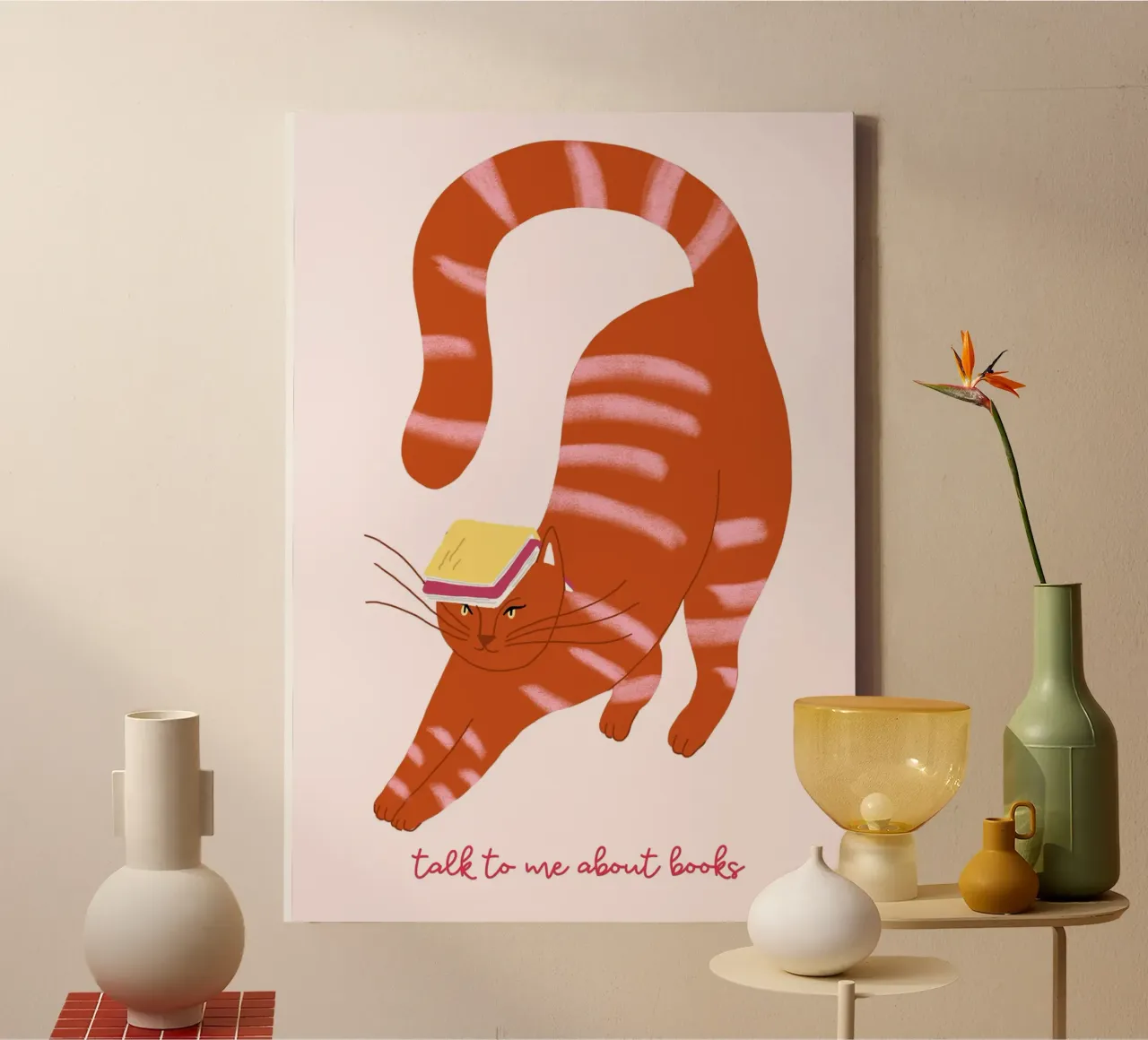 Cat with Book on Head - "Talk to Me About Books" canvas with Floater frame by vintagepod