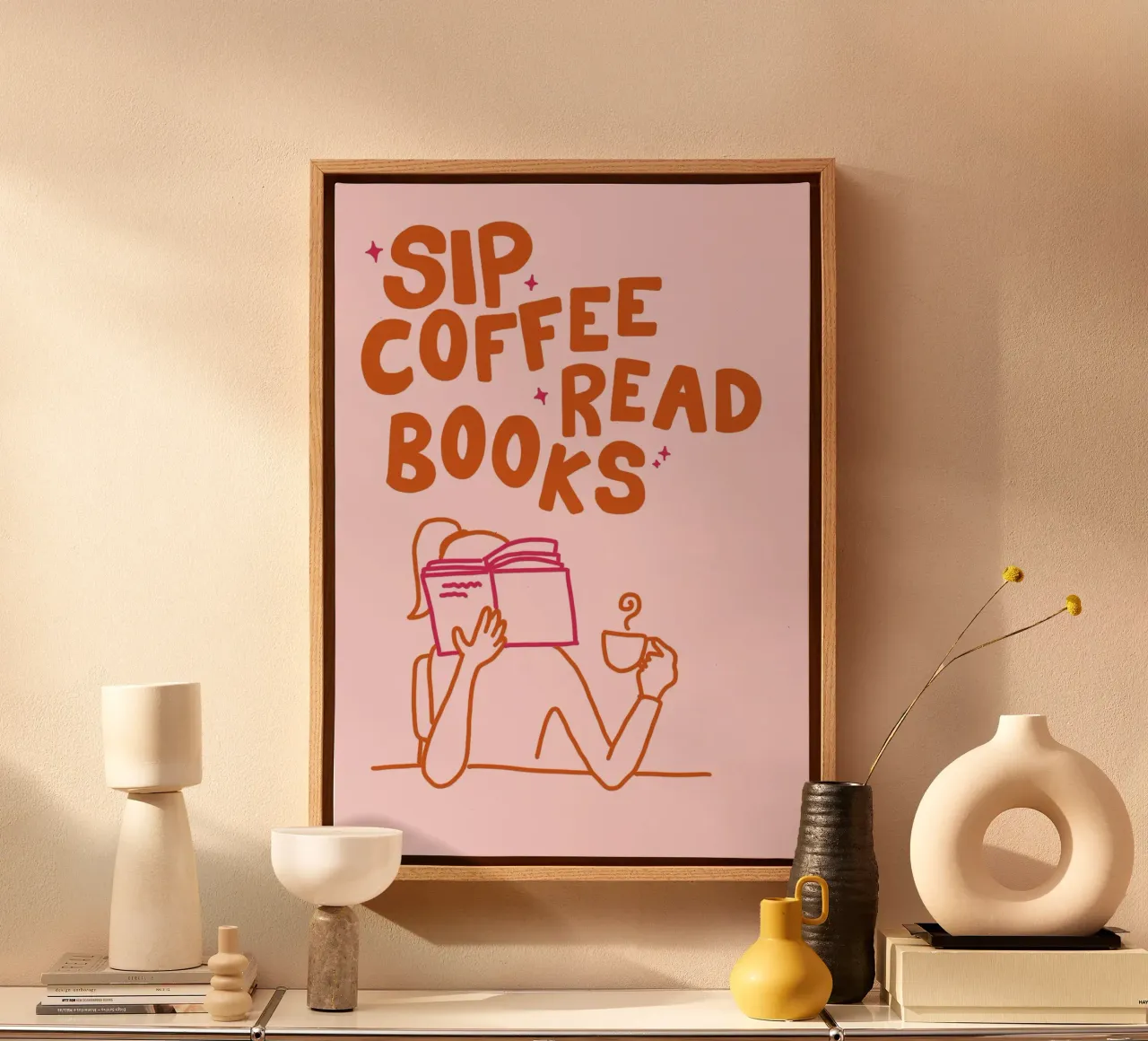 "Sip Coffee Read Books" Minimalist Poster canvas with Floater frame by vintagepod