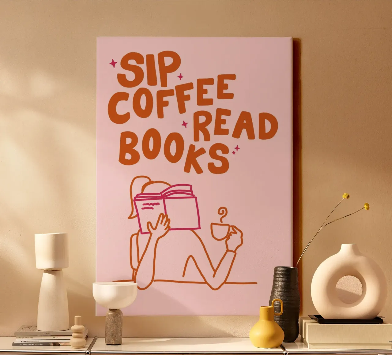 "Sip Coffee Read Books" Minimalist Poster canvas with Floater frame by vintagepod