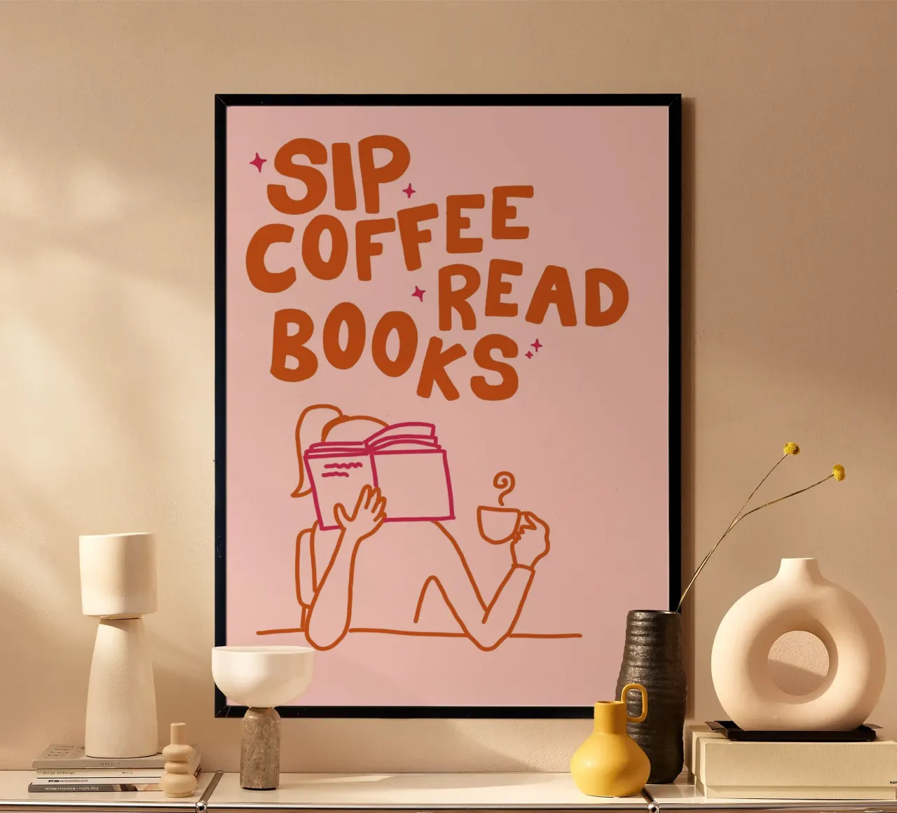 Affiche minimaliste "Sip Coffee Read Books" (siroter du café, lire des livres) poster avec cadre en aluminium de vintagepod