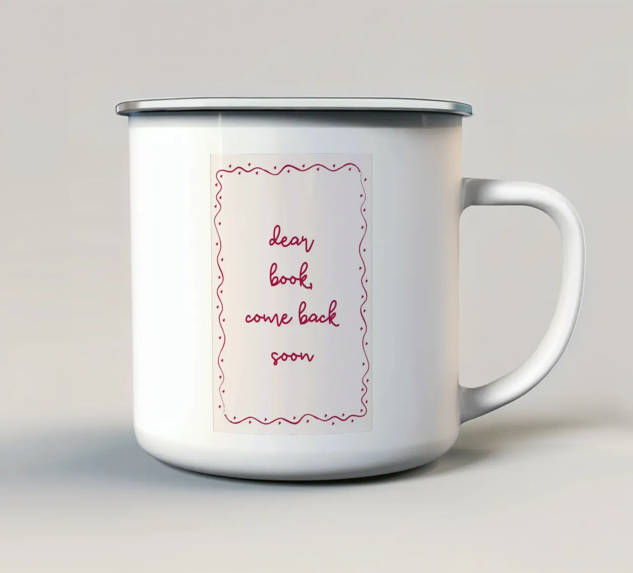 Poster accogliente "Caro libro, torna presto". tazza in smalto da vintagepod