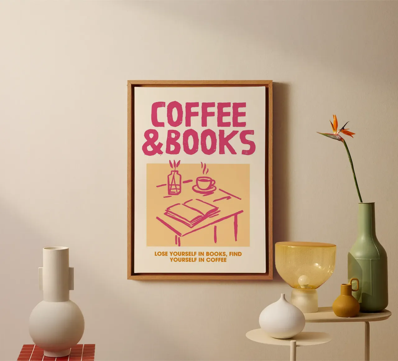 Kaffee & Bücher Gemütliche Ästhetik Poster Leinwand mit Schattenfugenrahmen von vintagepod