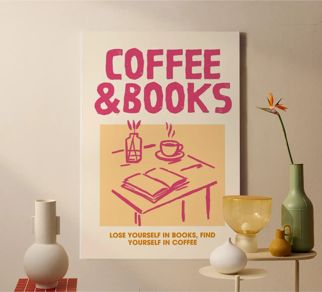 Kaffee & Bücher Gemütliche Ästhetik Poster Leinwand mit Schattenfugenrahmen von vintagepod
