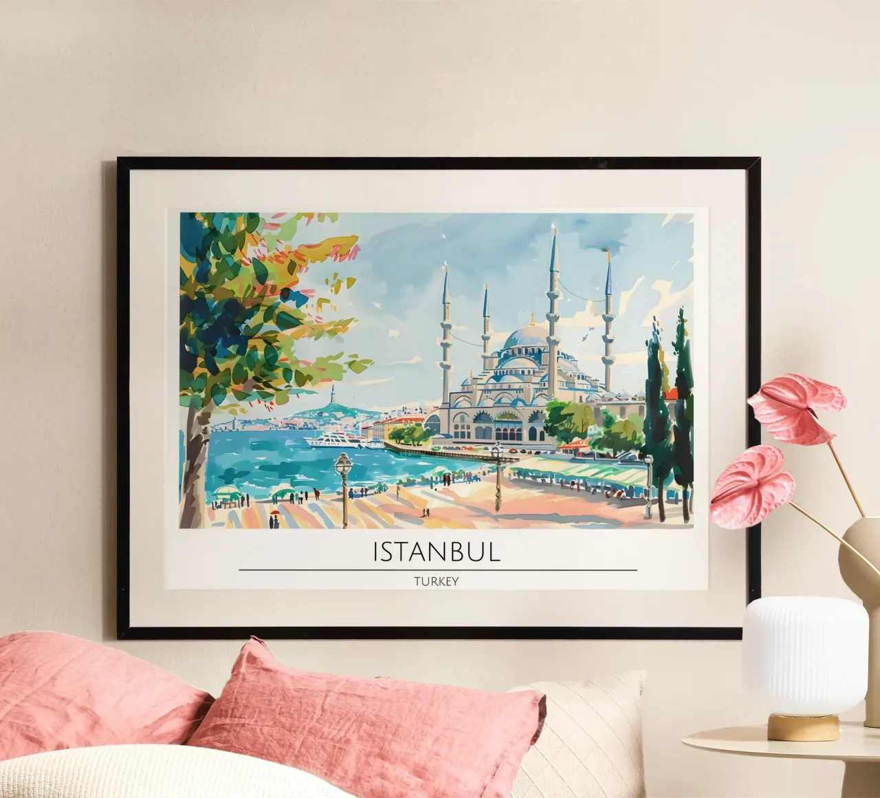 Poster di viaggio acquerellato sulla Moschea Blu di Istanbul poster con telaio in plastica da homdeco