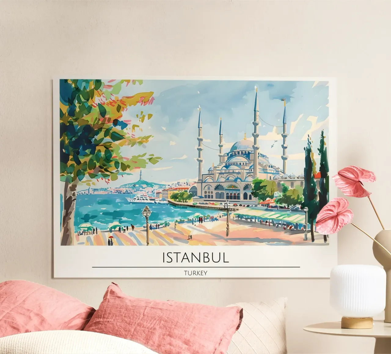 Poster di viaggio acquerellato sulla Moschea Blu di Istanbul poster con telaio in plastica da homdeco