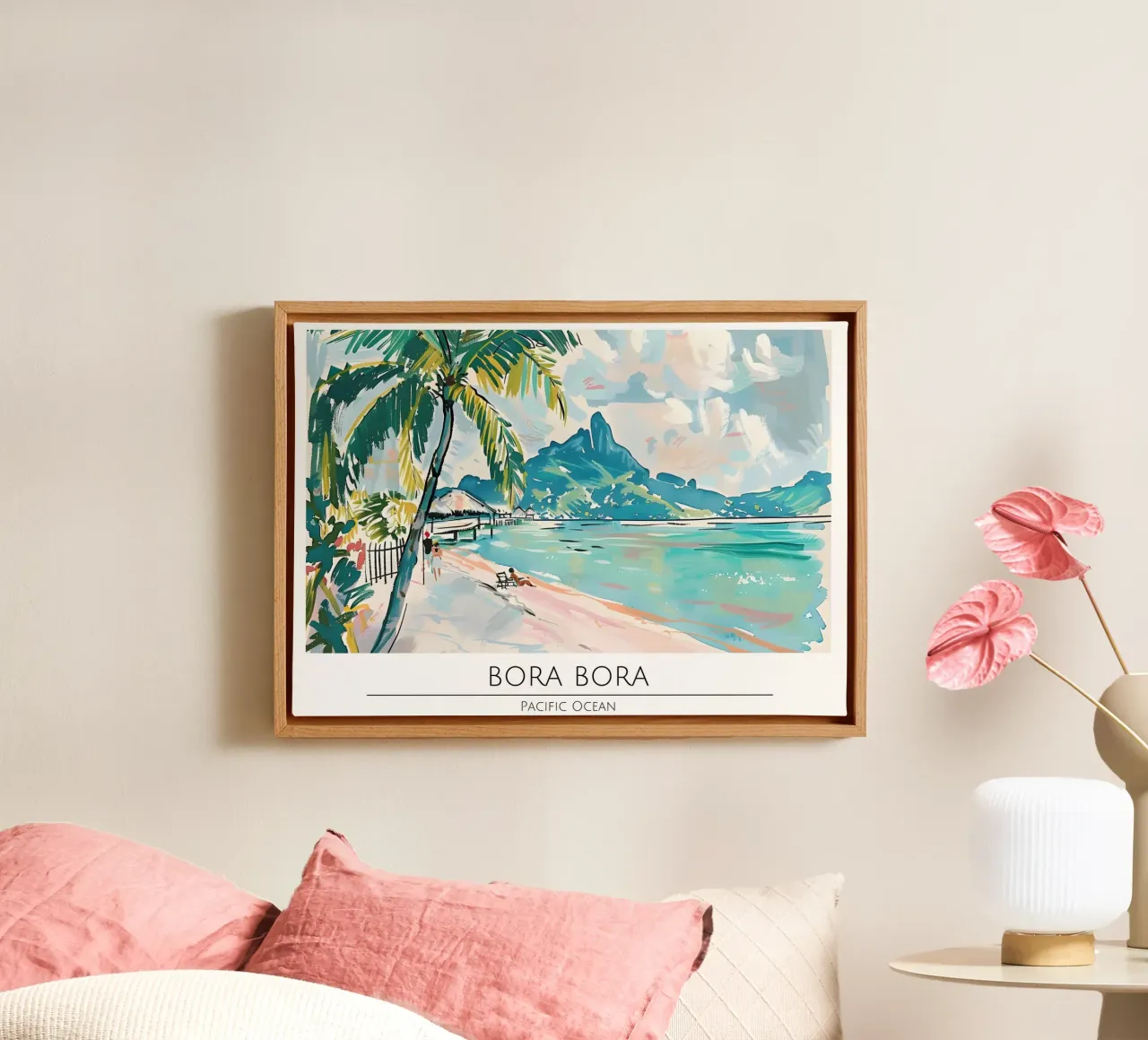 Bora Bora Strand Aquarel Reisposter canvas met Baklijst van homdeco