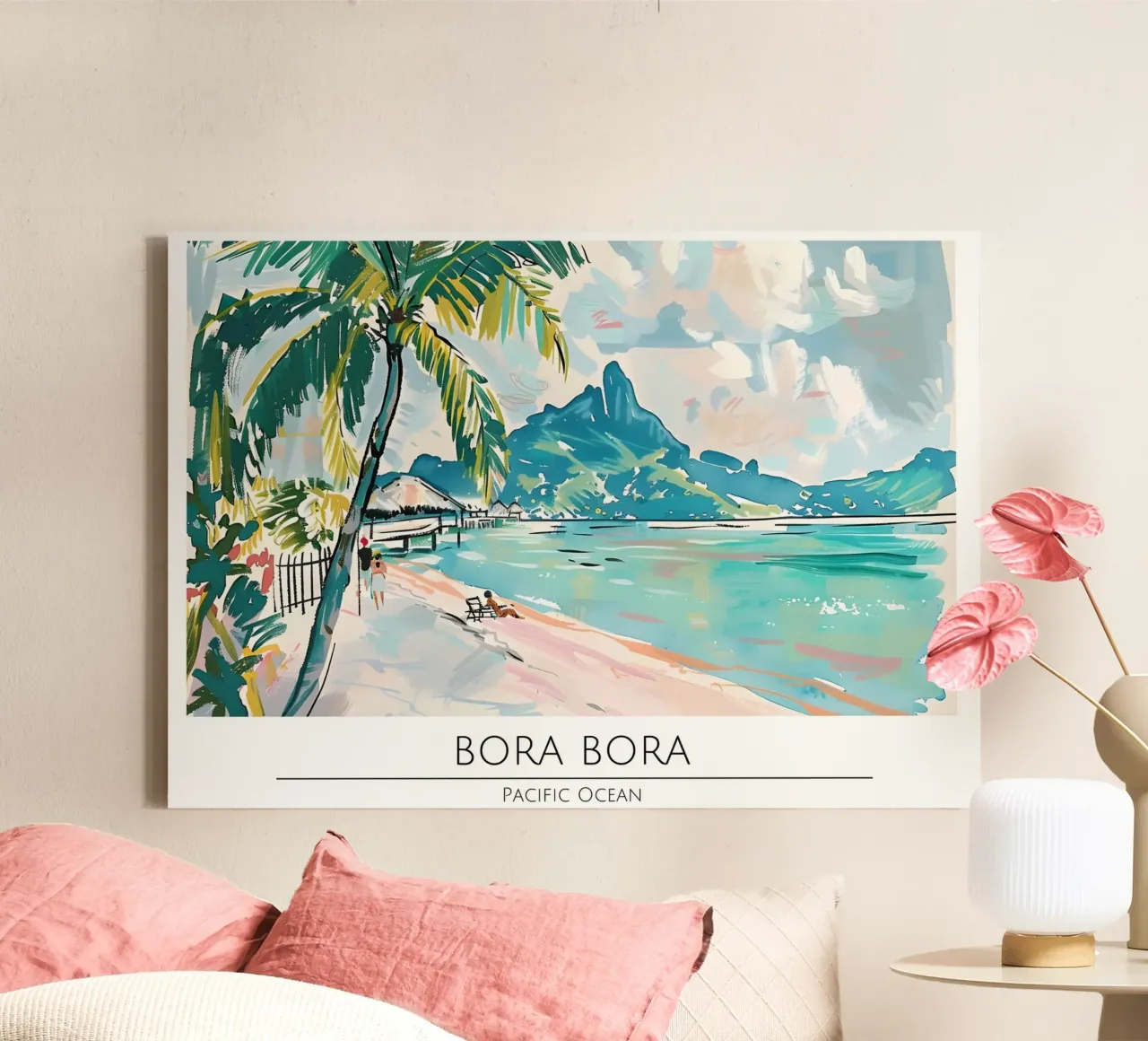 Bora Bora Strand Aquarel Reisposter canvas met Baklijst van homdeco