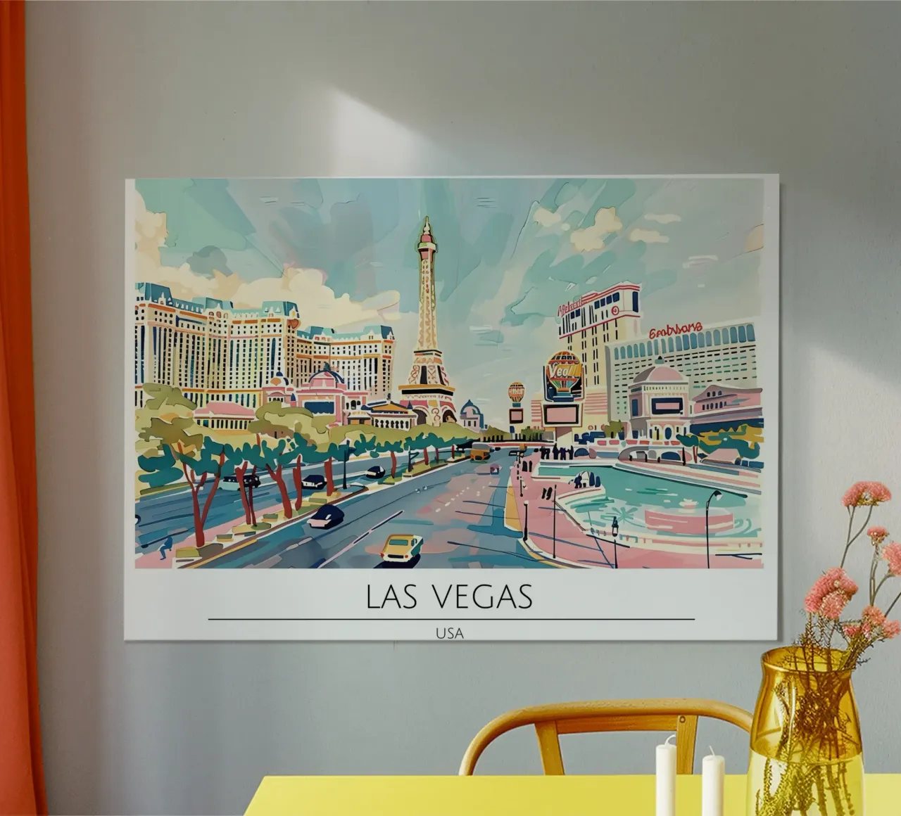 Poster da viaggio acquerellato sulla Strip di Las Vegas poster con telaio in legno da homdeco