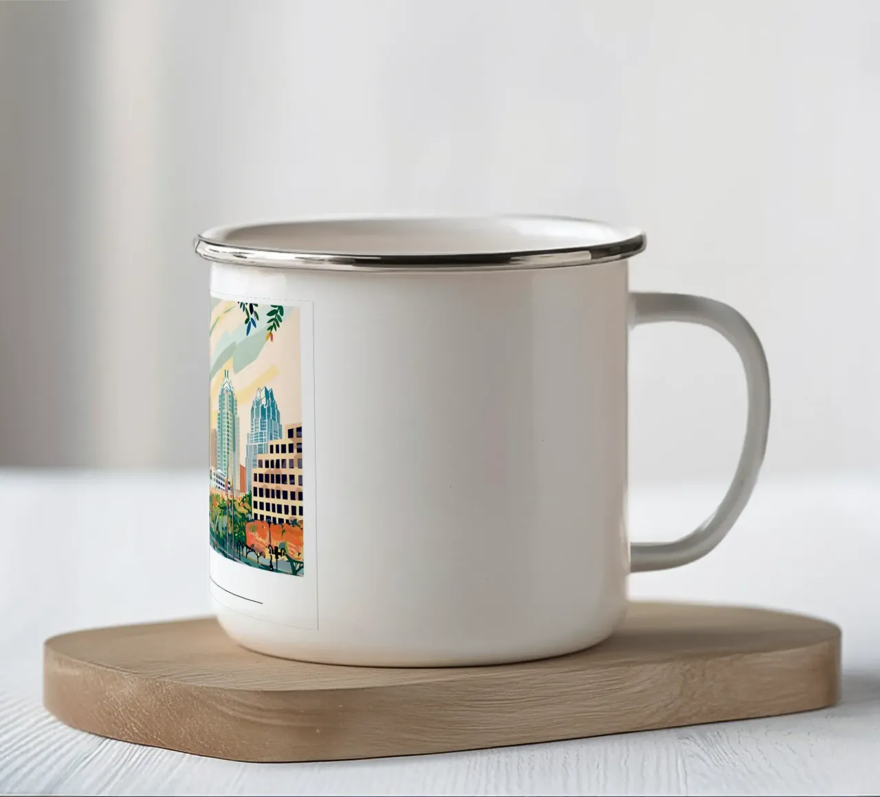 Poster di viaggio retro di Austin Texas Skyline tazza in smalto da homdeco