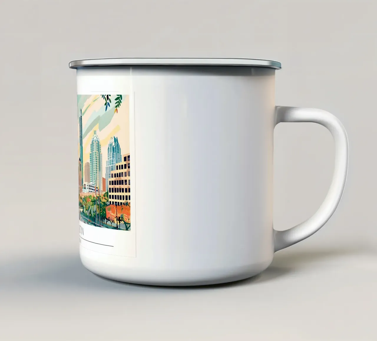 Poster di viaggio retro di Austin Texas Skyline tazza in smalto da homdeco