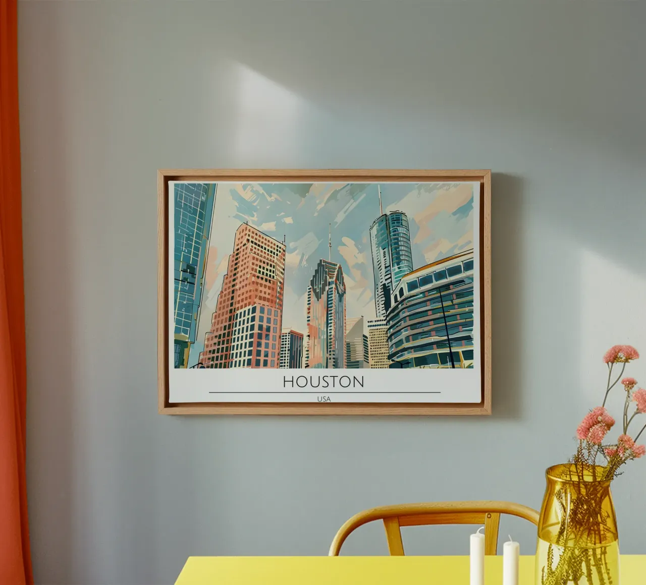 Poster da viaggio retrò Houston Texas Skyline tela con Cornice a cassetta da homdeco
