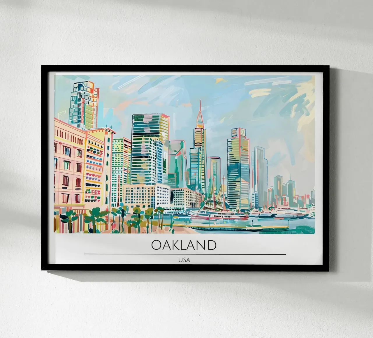 Poster retrò sullo skyline di Oakland California poster con telaio in legno da homdeco