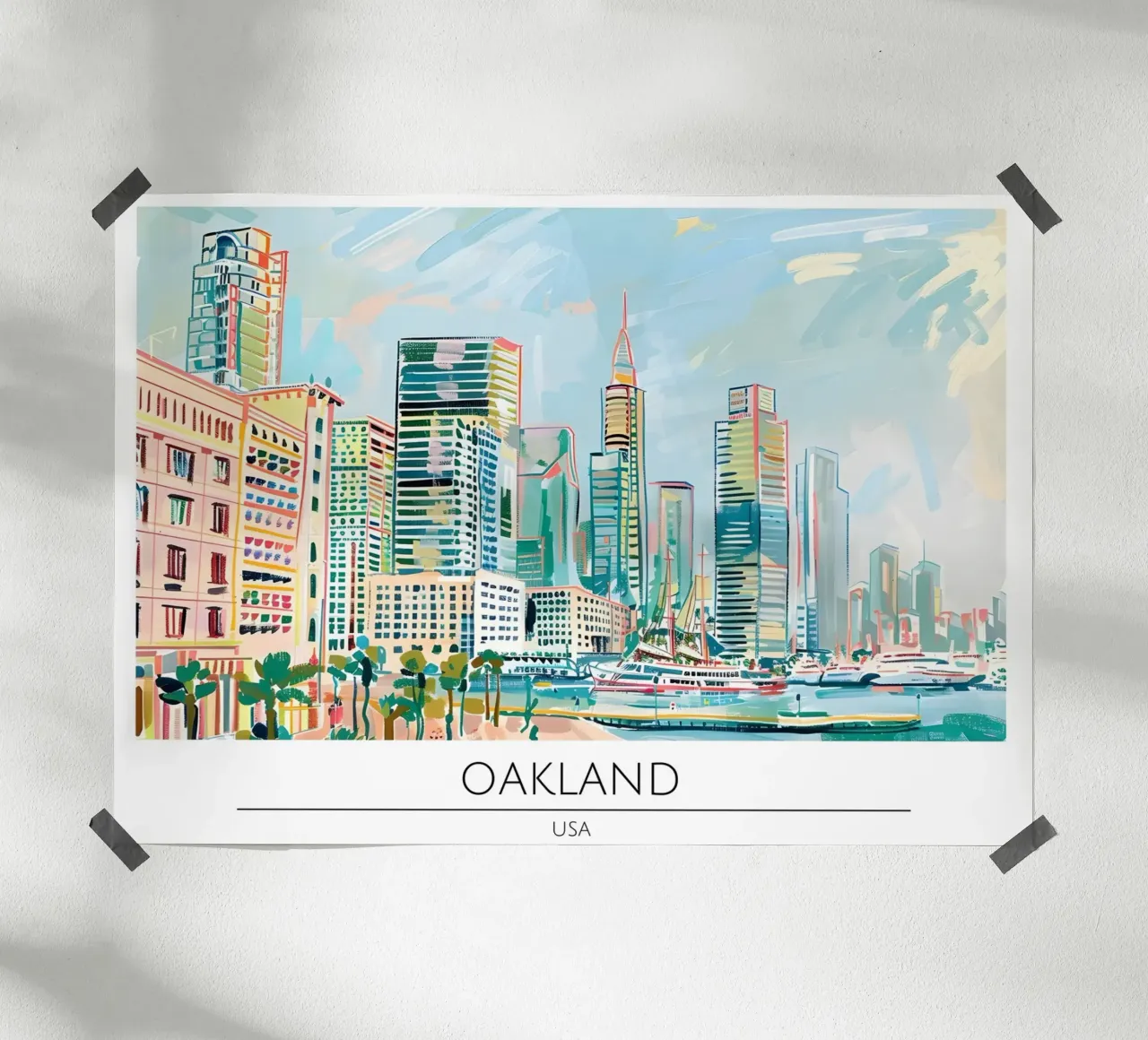 Poster retrò sullo skyline di Oakland California poster con telaio in legno da homdeco