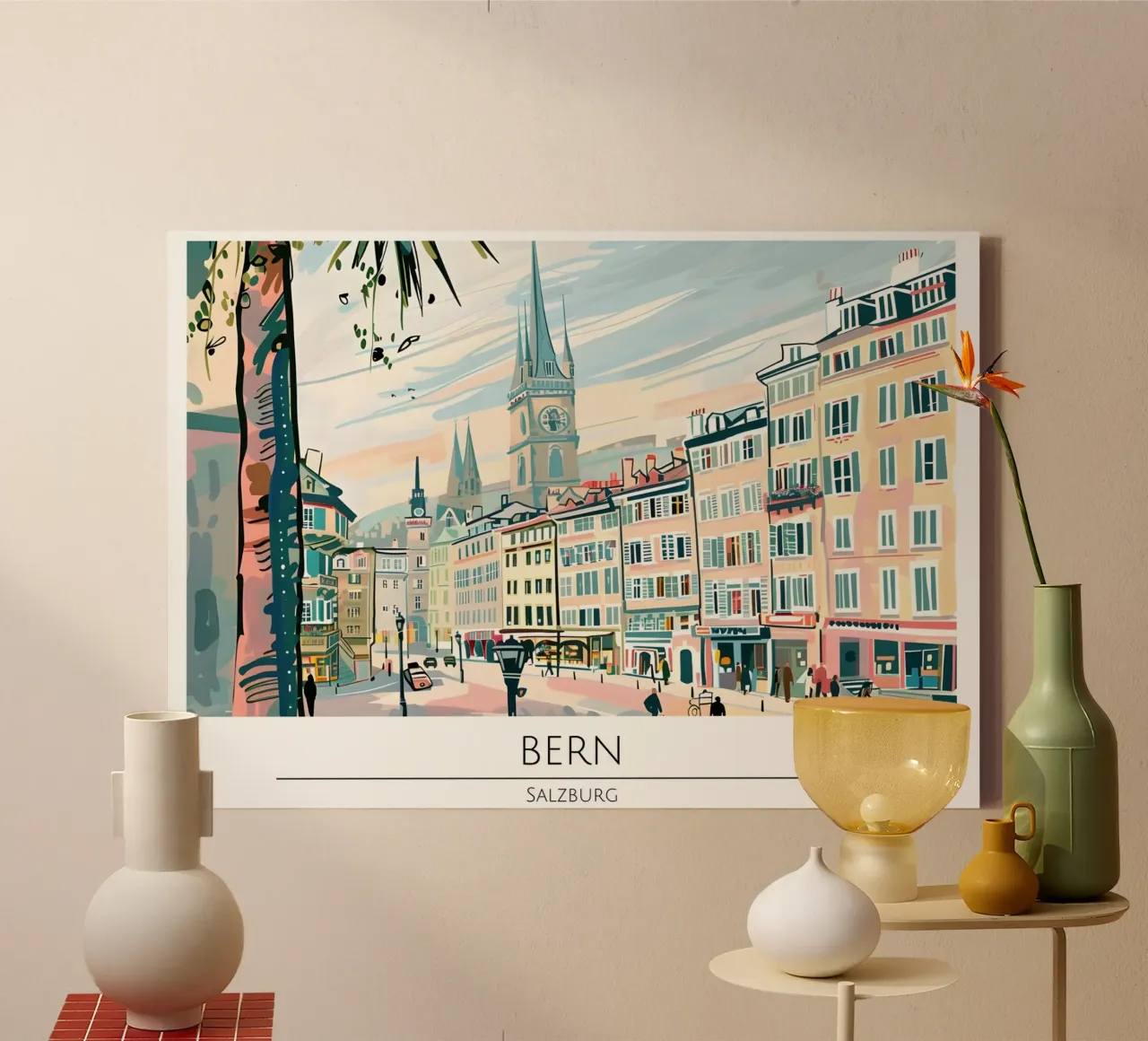 Bern Oude Stad Retro Reisposter canvas met Baklijst van homdeco