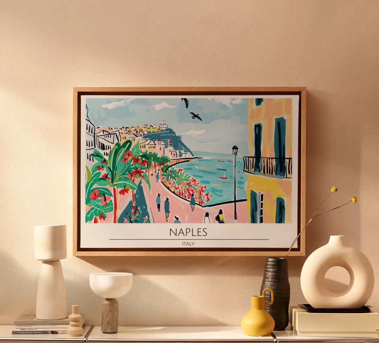 Napels Italië Kuststad Retro Reisposter canvas met Baklijst van homdeco