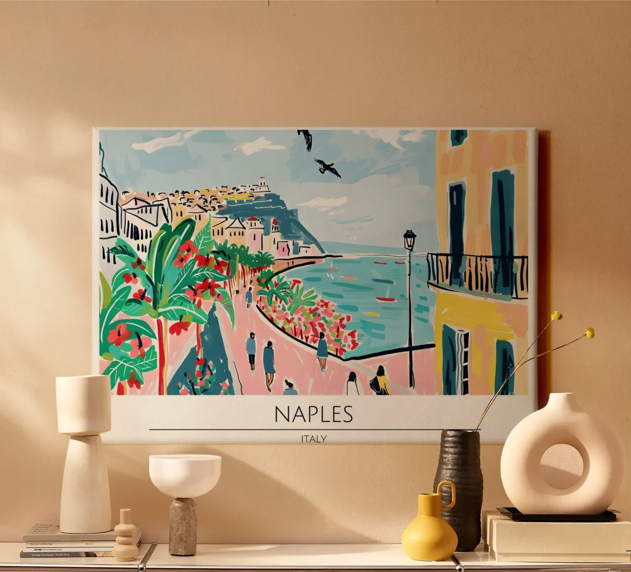Napels Italië Kuststad Retro Reisposter canvas met Baklijst van homdeco
