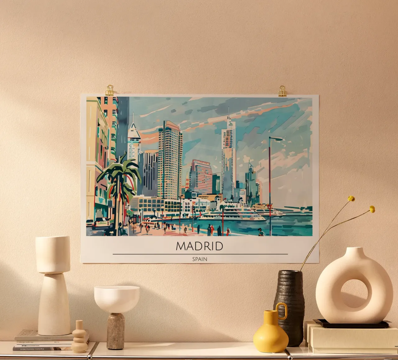 Poster di viaggio retrò Madrid Spagna Skyline poster con telaio in legno da homdeco