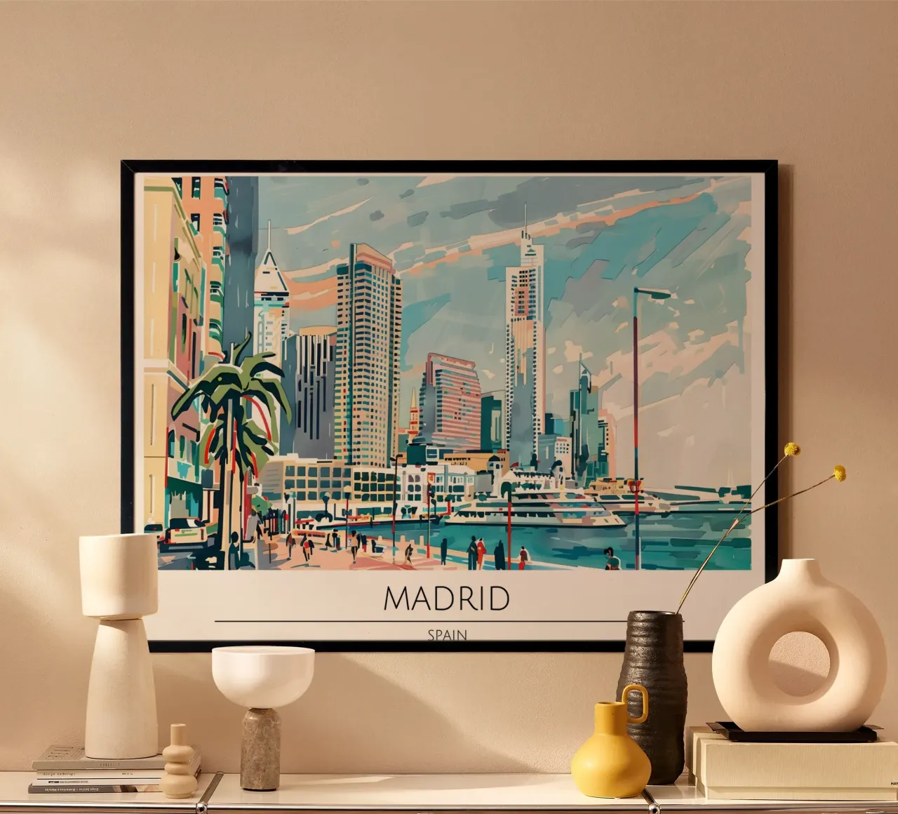 Poster di viaggio retrò Madrid Spagna Skyline poster con telaio in legno da homdeco