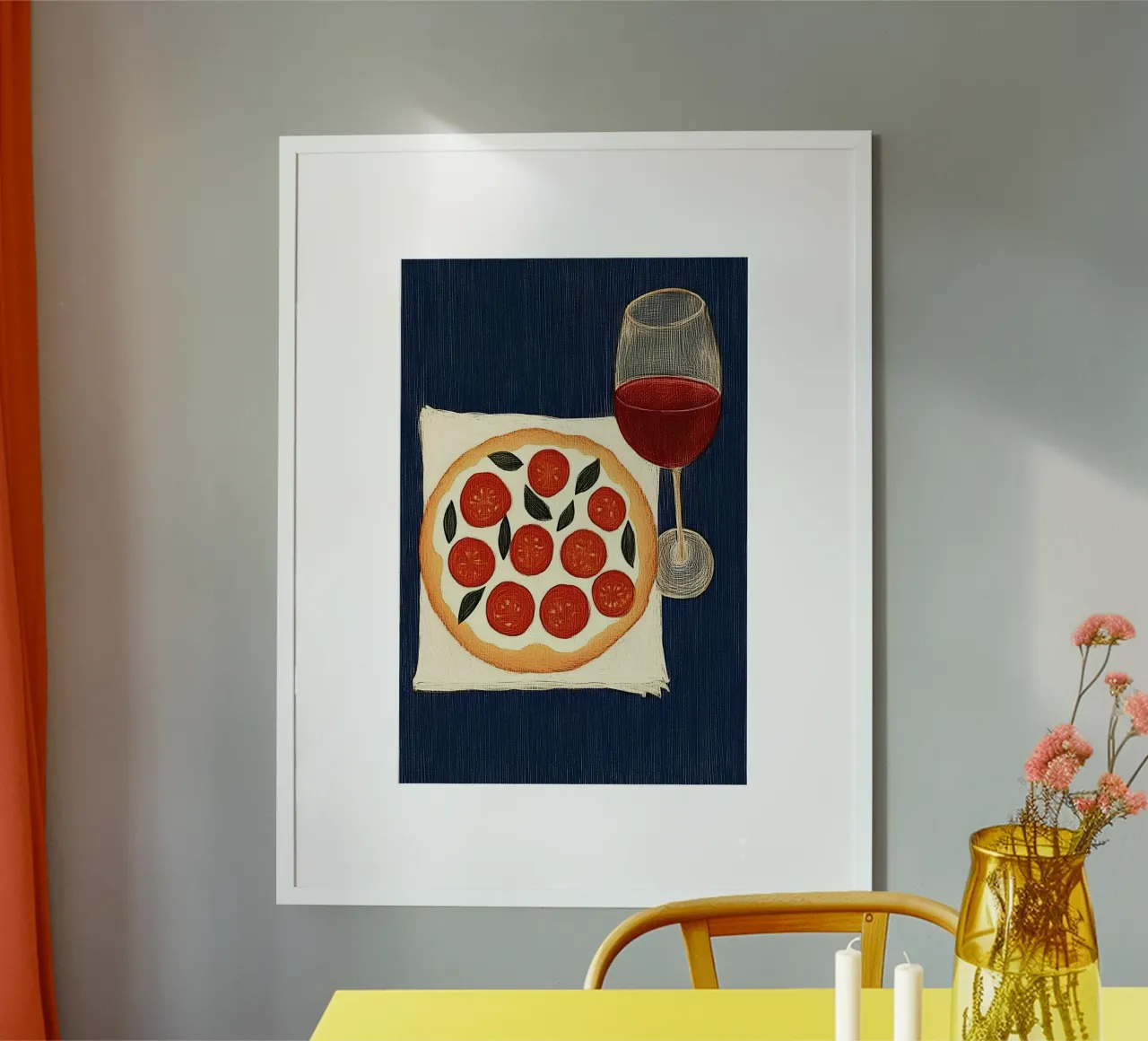Pizza e vino rosso poster con telaio in plastica da Curious Canvas