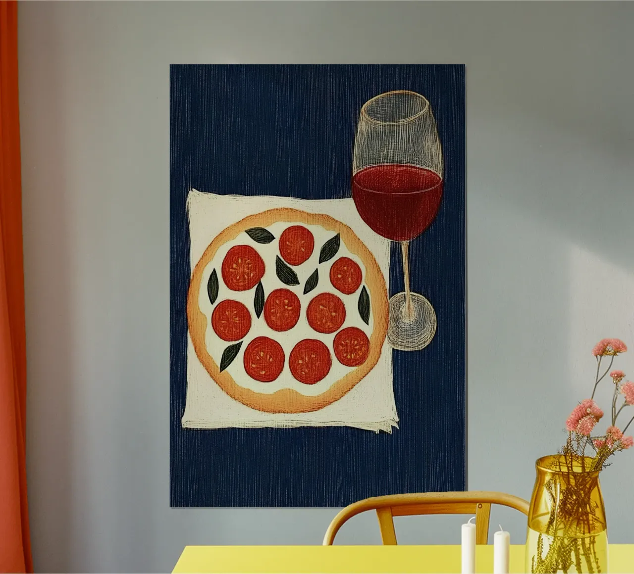 Pizza e vino rosso poster con telaio in plastica da Curious Canvas