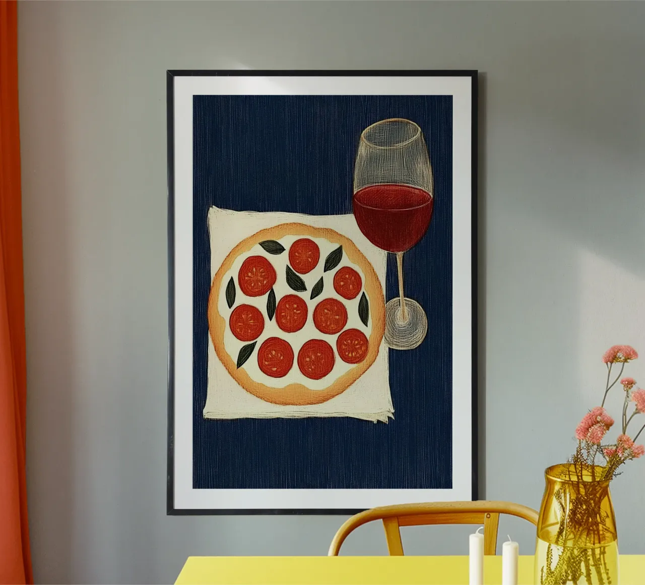 Pizza e vino rosso poster con telaio in plastica da Curious Canvas