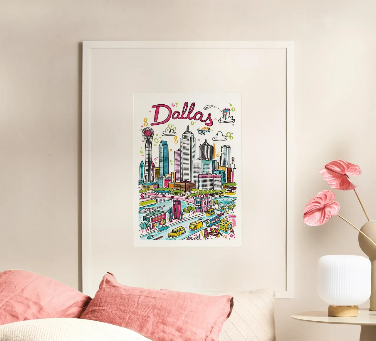 Poster con skyline della città di Dallas, Texas, cartoni animati poster da homdeco