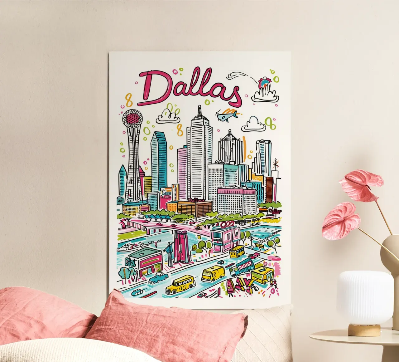 Poster con skyline della città di Dallas, Texas, cartoni animati poster da homdeco