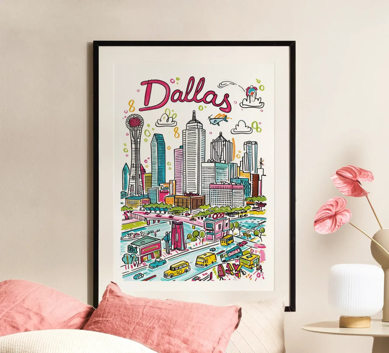 Poster con skyline della città di Dallas, Texas, cartoni animati poster da homdeco