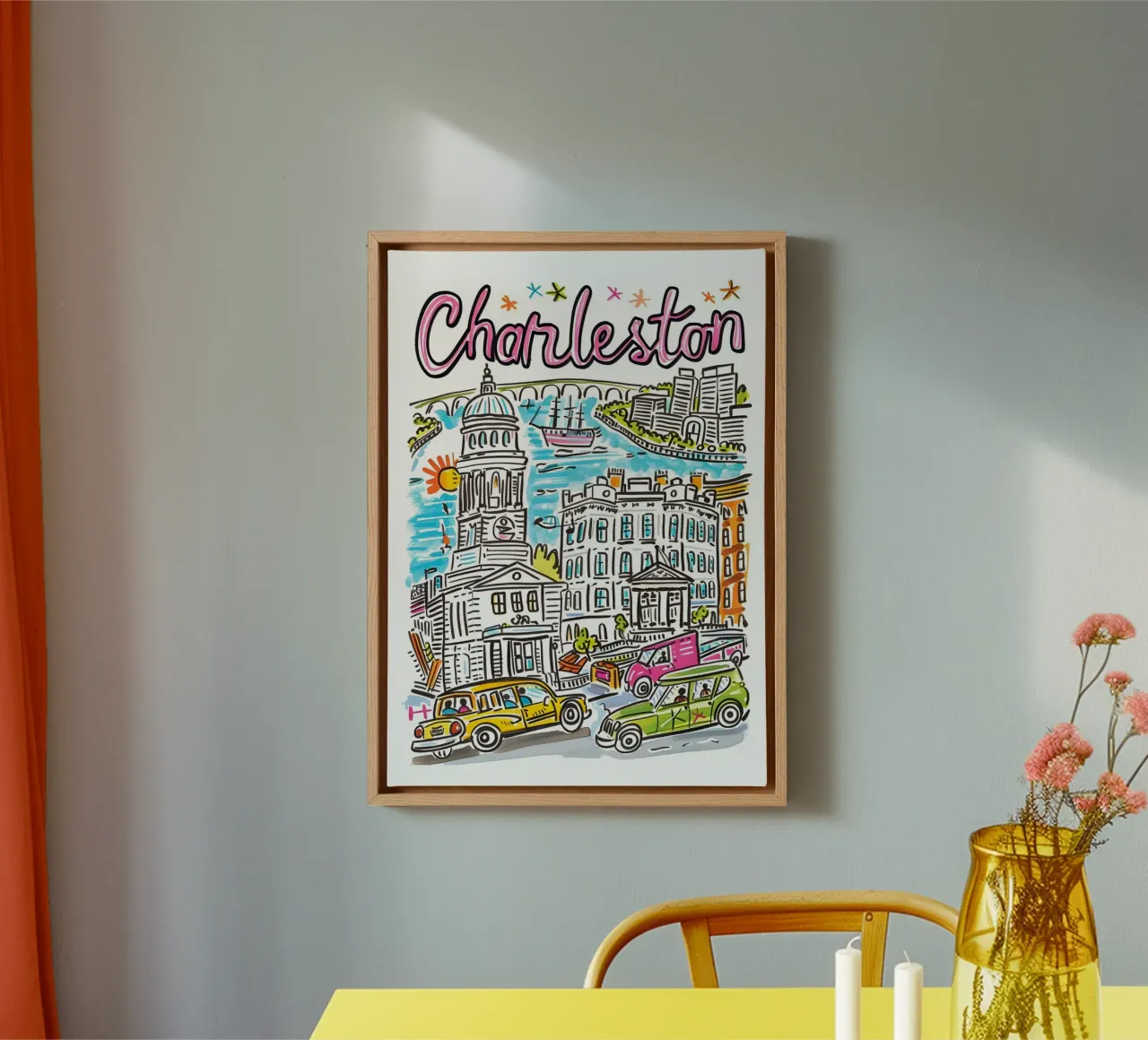 Charleston Zuid-Carolina Cartoon Stad Poster canvas met Baklijst van homdeco
