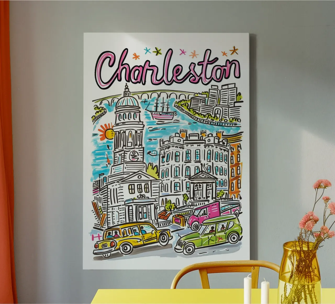 Charleston Zuid-Carolina Cartoon Stad Poster canvas met Baklijst van homdeco