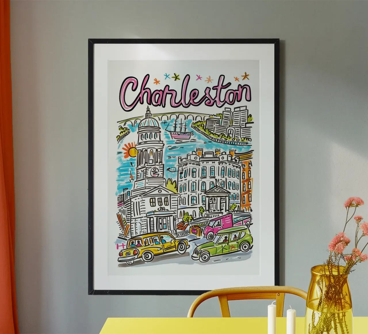Charleston, Carolina del Sud, poster della città dei cartoni animati poster con telaio in legno da homdeco