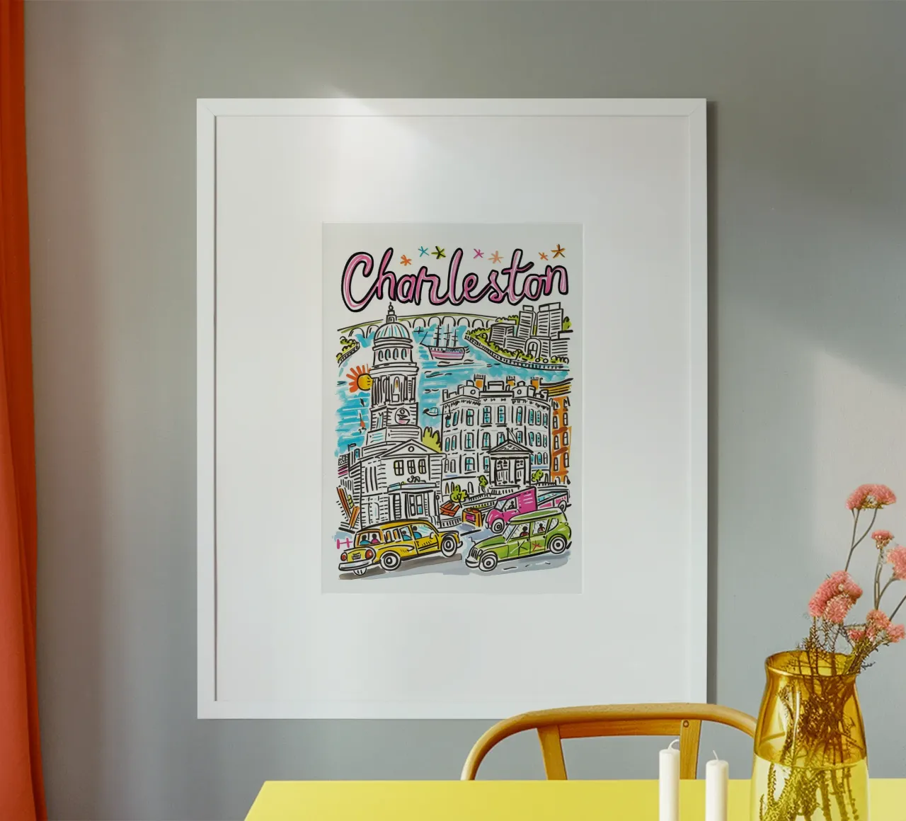 Charleston, Carolina del Sud, poster della città dei cartoni animati poster con telaio in legno da homdeco