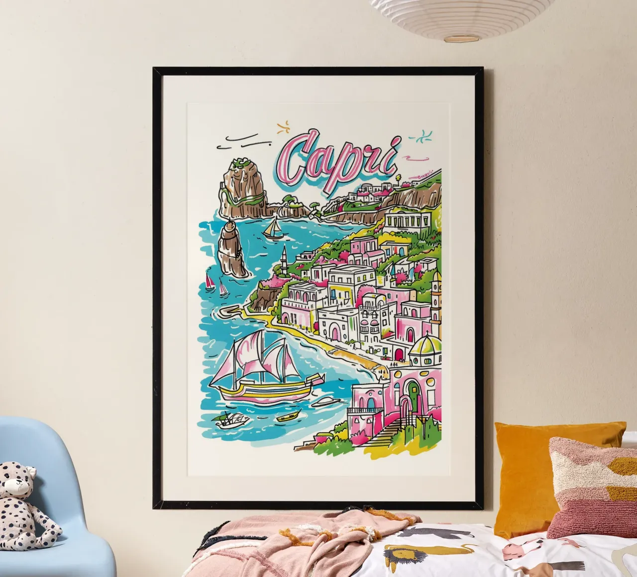 Poster di viaggio con cartoni animati dell'isola di Capri poster con telaio in plastica da homdeco