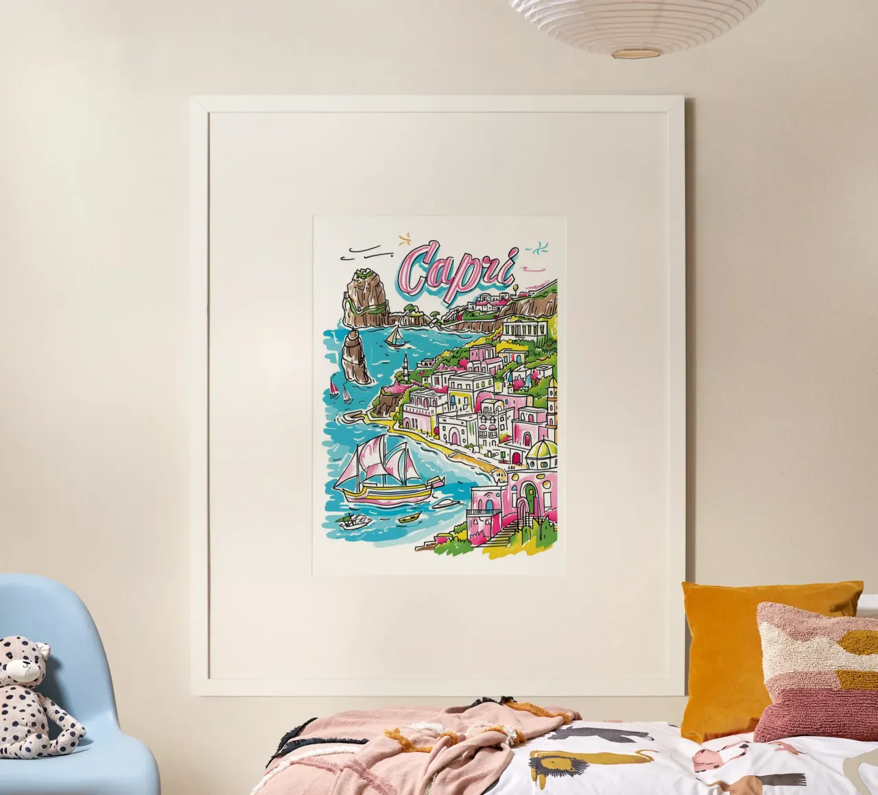 Poster di viaggio con cartoni animati dell'isola di Capri poster con telaio in plastica da homdeco