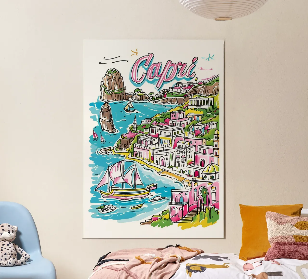 Poster di viaggio con cartoni animati dell'isola di Capri poster con telaio in plastica da homdeco