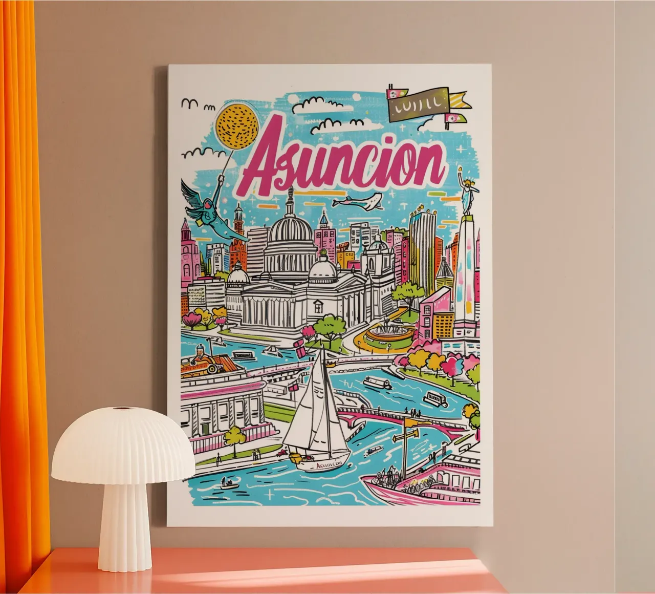 Asuncion Paraguay Stadsgezicht, Reisafdruk Poster canvas met Baklijst van homdeco