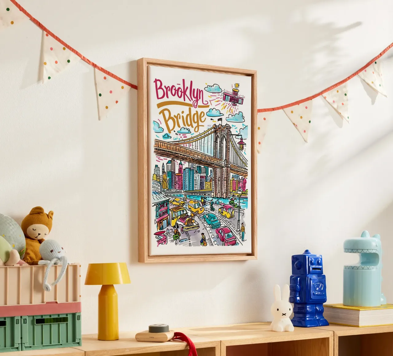 Brooklyn Bridge NYC, Stadsgezicht Pop Art Poster canvas met Baklijst van homdeco