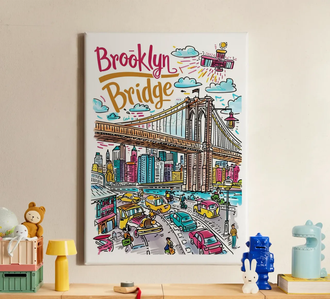 Brooklyn Bridge NYC, Stadsgezicht Pop Art Poster canvas met Baklijst van homdeco