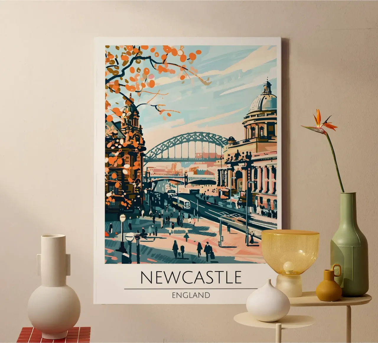 Newcastle UK, abstract stadsgezicht Reisafdruk canvas met Baklijst van homdeco