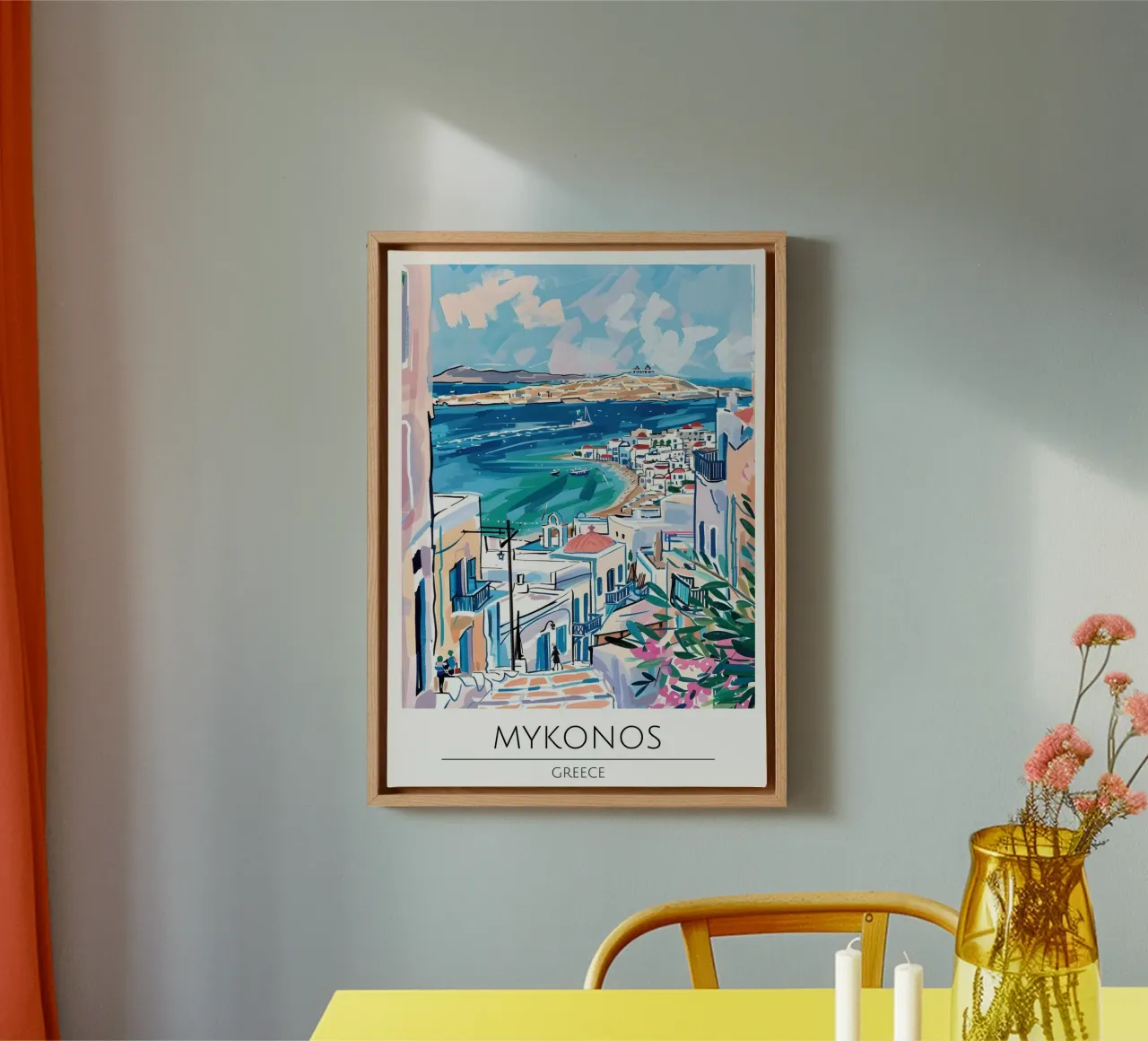 Mykonos Griekenland Kunstdruk, Egeïsche Zee Reisposter canvas met Baklijst van homdeco